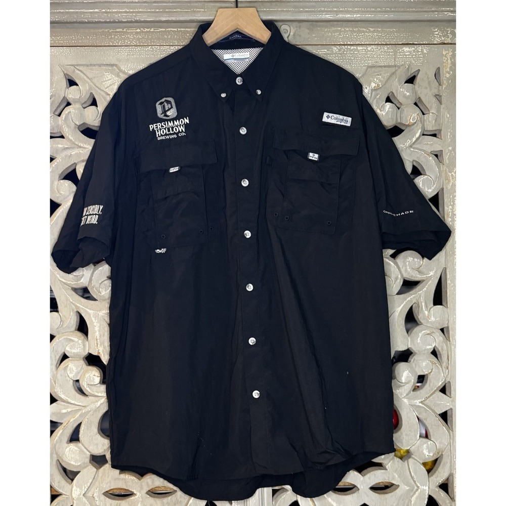 Columbia PFG Bahama Omni-Shade Fishing Shirt L Black Persimmon Hollow Brewery